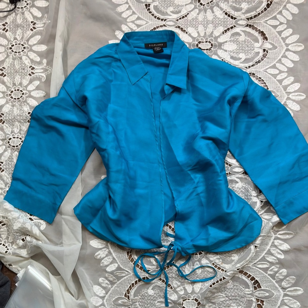 Vintage 100% Silk Tie Front Blouse Turquoise Blue Collared Shirt Large
